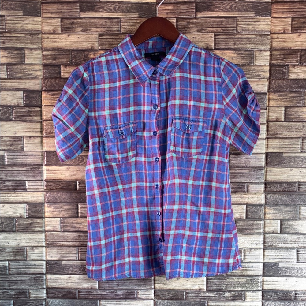 Forever 21 Pre Owned Blue and Red Plaid Juniors Large Shirt